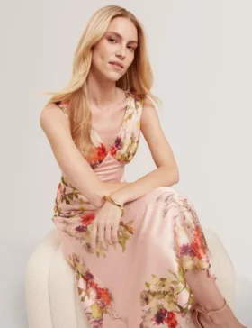 ALINA Floral Satin Low Cut Maxi Dress