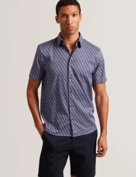 ALPHSHO Geometric Print Pure Cotton Short Sleeve Shirt