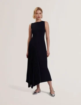 AZZINA Pleated Panel Sleeveless Knitted Midi Dress