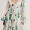 BELVIDA Floral Crochet Trim Linen Mini Dress
