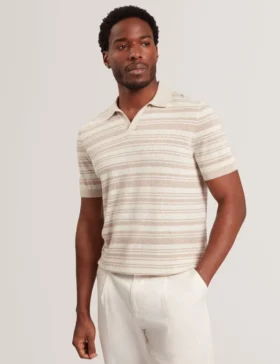 BRODI Striped Linen Blend Knitted Polo Shirt