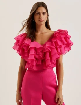 CALONDA Oversized Frill Trim V-Neck Top