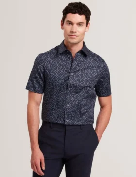 CAMPDEN Mini Leaf Print Short Sleeve Cotton Shirt