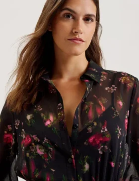 CEIBA Floral Print Pleated Maxi Shirt Dress