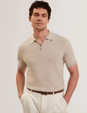DECKERS Ottoman Ribbed Knit Zip Neck Polo