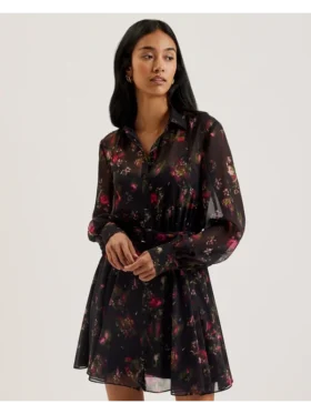EBENE Floral Print Belted Mini Shirt Dress