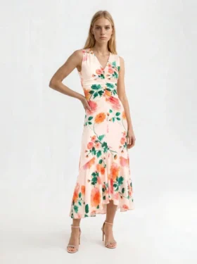 ELIZABETH Floral Ruched Front Sleeveless Midi Dress