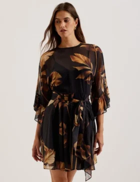ELSTER Printed Chiffon Mini Dress With Tie Waist