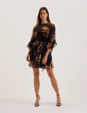 ELSTER Printed Chiffon Mini Dress With Tie Waist