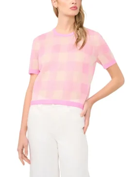 EUNICE Gingham Woven Knit Short Sleeve Top