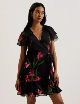 FASNIA Floral Angel Sleeve Wrap Mini Dress