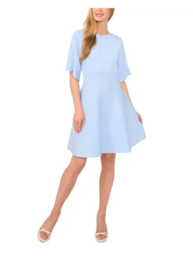 FLARE SHORT SLEEVE CREW NECK MINI DRESS Pl-Blue