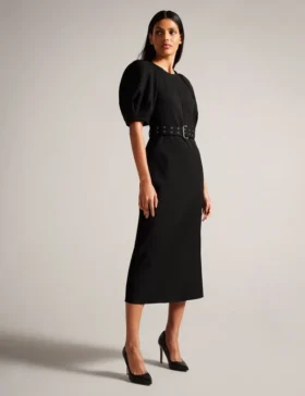 GABYELA Structured Puff Sleeve Midi Dress With Belt
