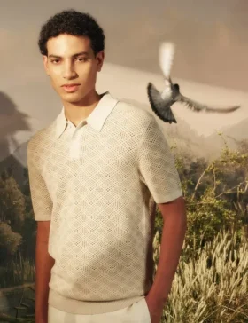 HELME Geometric Open Knit Short Sleeve Polo