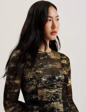 JUNHAA Foil Print Long Sleeve Mesh Midi Dress