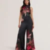 KINSALA Printed Neck Tie Detail Wide Leg Jumpsuit