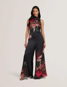 KINSALA Printed Neck Tie Detail Wide Leg Jumpsuit