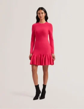 LOISSS Flounce Hem Long Sleeve Knitted Mini Dress