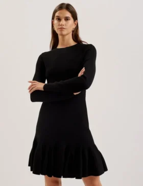LOISSS Flounce Hem Long Sleeve Knitted Mini Dress