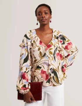 MINASA Floral Print Frill Trim Long Sleeve Blouse