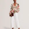 MINASA Floral Print Frill Trim Long Sleeve Blouse