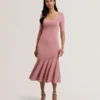 MIYHAA Flippy Hem Square Neck Knitted Midi Dress
