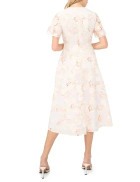 NATALIA Floral Overlay Flutter Sleeve Midi Dress