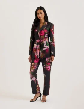 OKUNIT Tapered Leg Floral Print Tailored Trousers