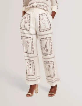 ORNITHA Panel Print Silk Linen Wide Leg Trousers