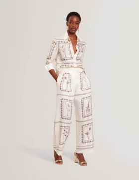 ORNITHA Panel Print Silk Linen Wide Leg Trousers