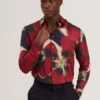 PHELIN Red Blooms Print Cotton Stretch Shirt