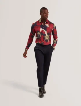 PHELIN Red Blooms Print Cotton Stretch Shirt