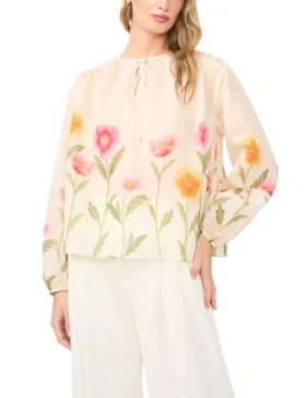 ROCHELLE Floral Print Tie Neck Relaxed Blouse