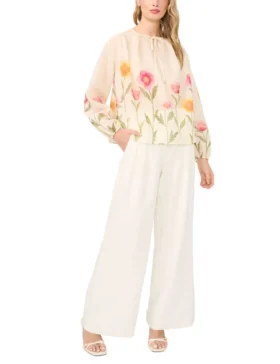 ROCHELLE Floral Print Tie Neck Relaxed Blouse