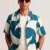 ROLDAN Short Sleeve Oversized Linen Blend Swirl Print Shirt