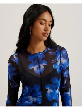 ROZEEN Mesh Long Sleeve Printed Dress