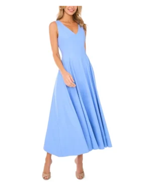 SLEEVELESS V-NECK PLEATED MAXI DRESS Mid-Blue