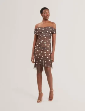 TILDAHH Off-Shoulder Polka Dot Mesh Mini Dress