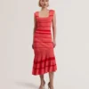 TILLEEA Striped Square Neck Flippy Midi Dress